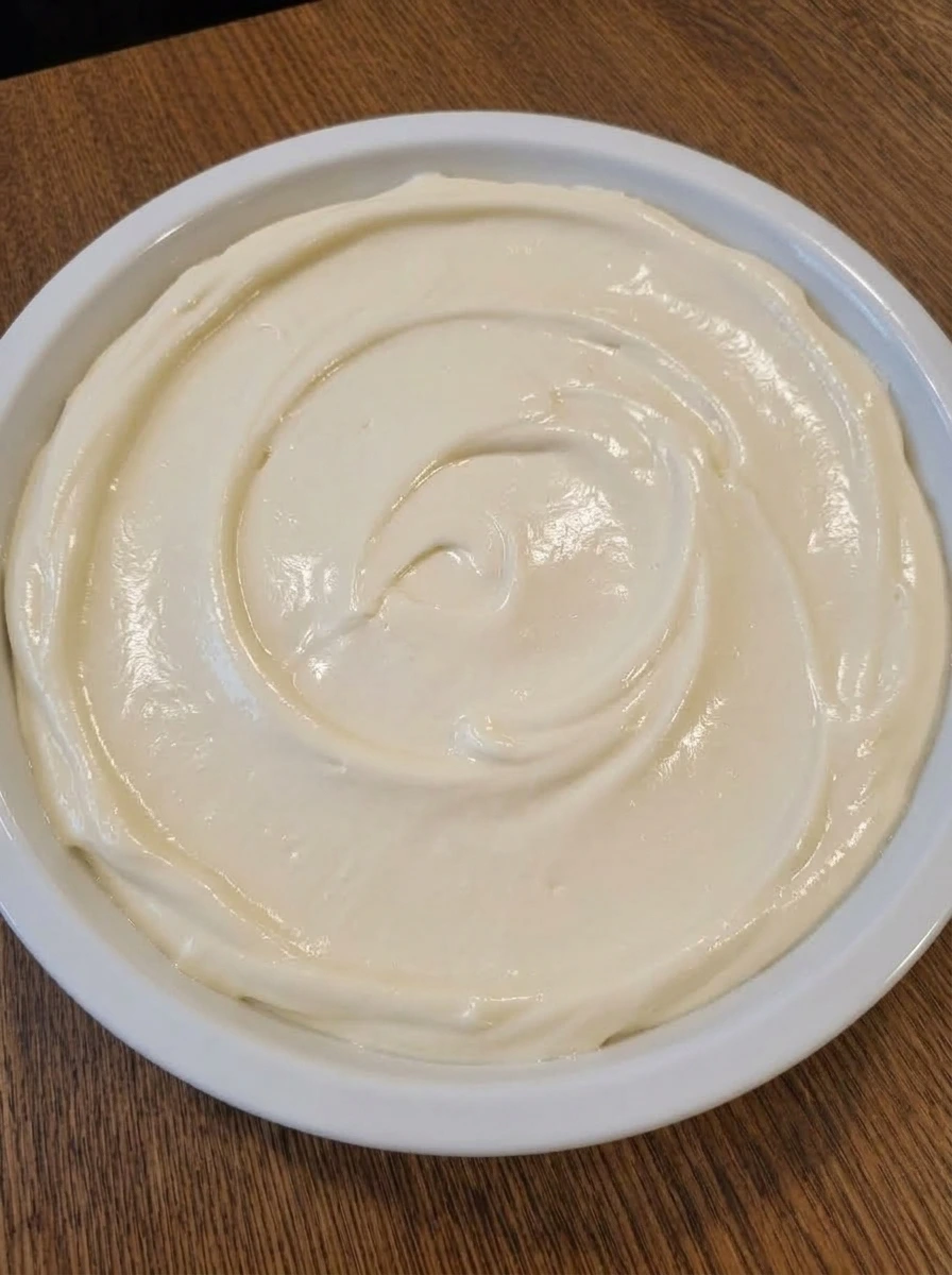 Smooth cream cheese filling base in a white ceramic pie dish
