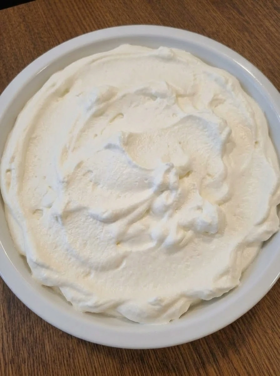 Freshly whipped cream with soft peaks in a white ceramic pie dish