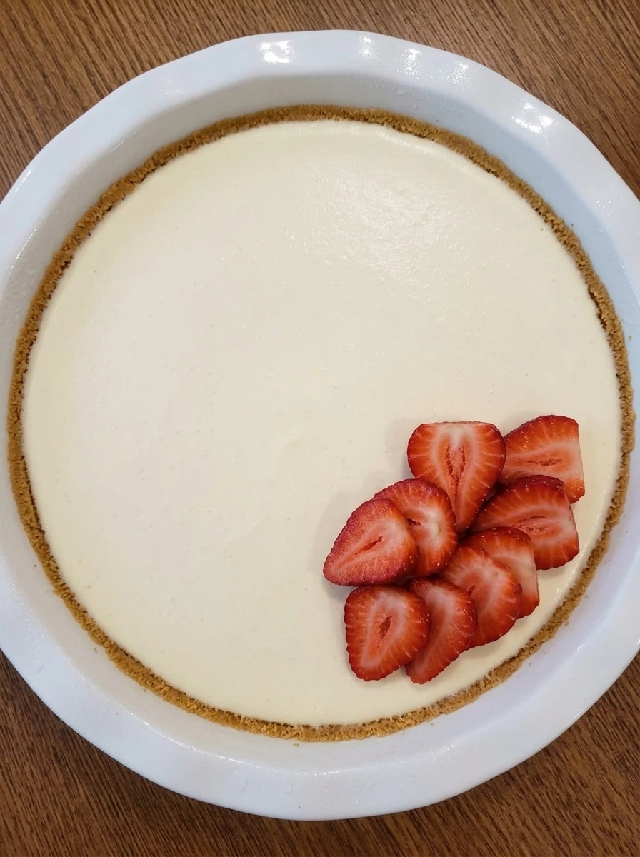 Chilled no bake cheesecake and sliced strawberries in a white ceramic pie dish