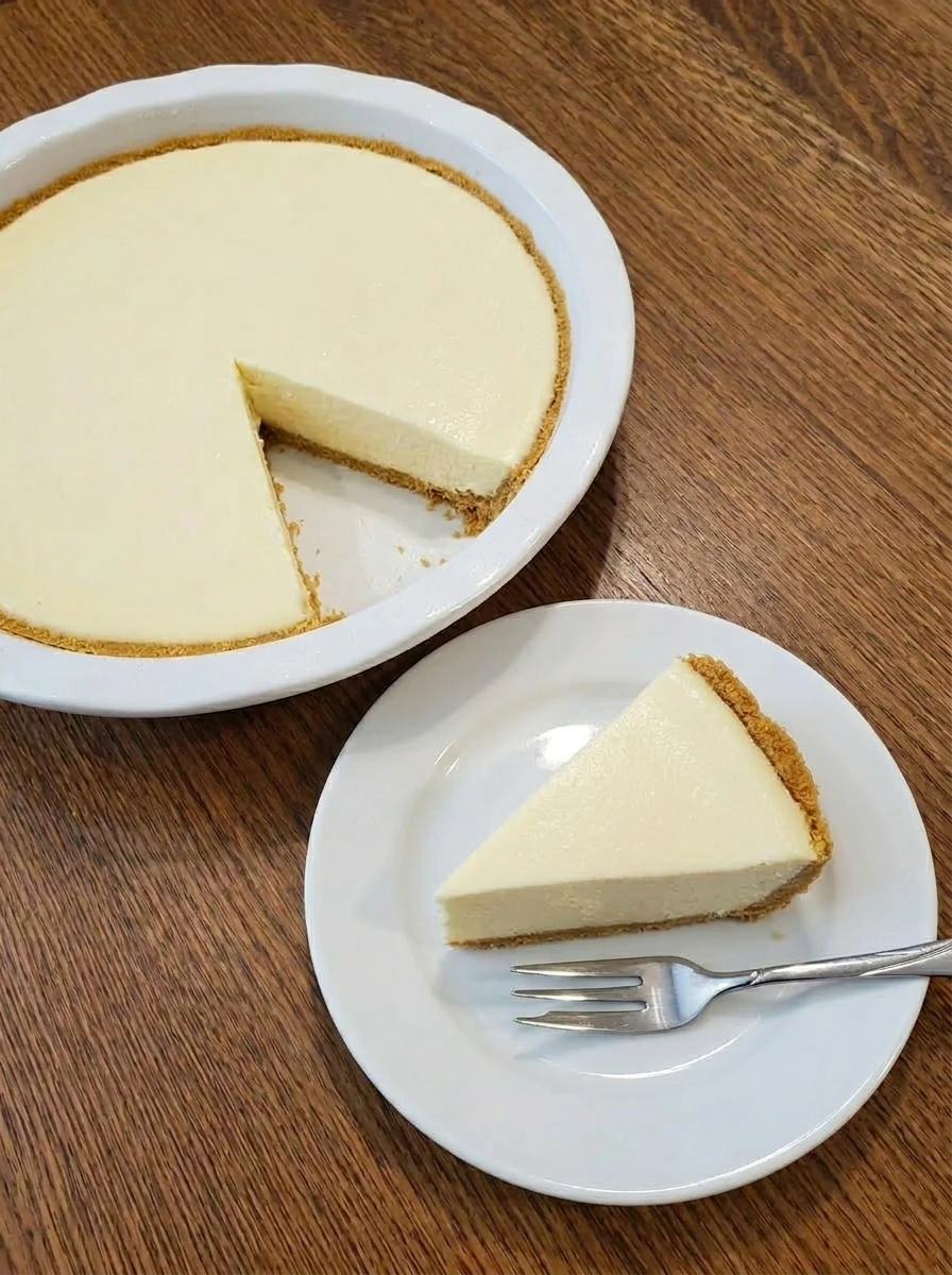 Finished easy no bake cheesecake topped with strawberries and ready to serve