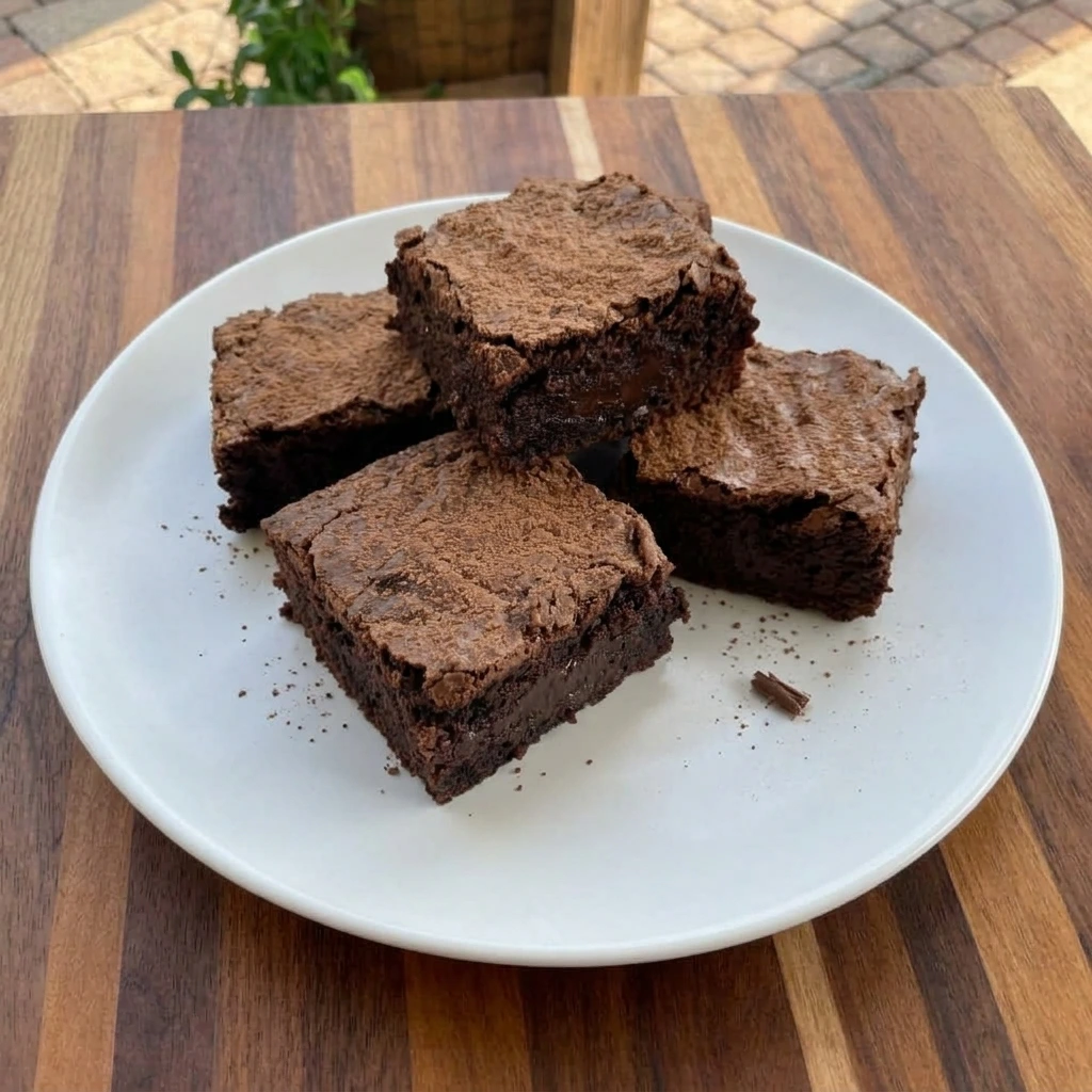 Fudgy chocolate brownies stacked on a white dessert plate