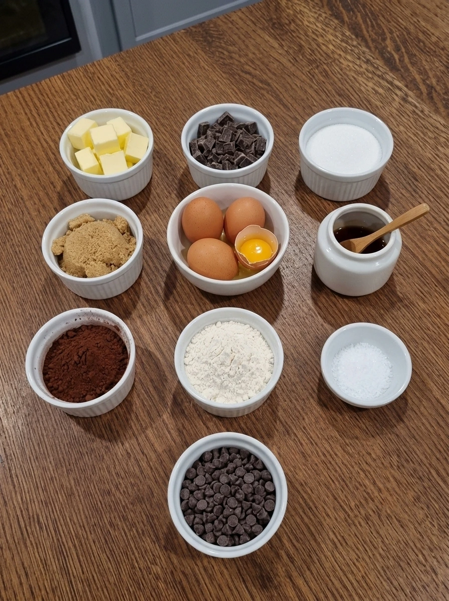 Measured brownie ingredients in separate white ramekins