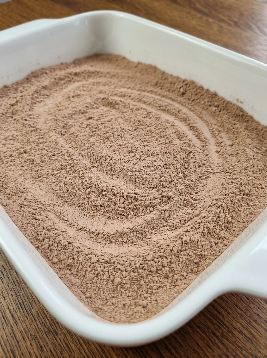 Dry brownie ingredients whisked together in a white ceramic dish