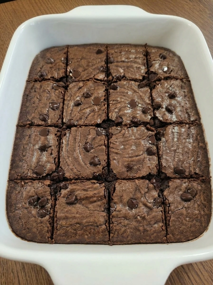 Brownies cut into squares in the baking dish