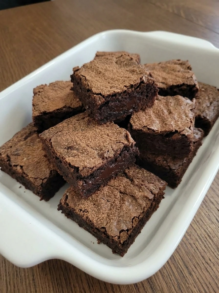 Plated fudgy brownie squares ready to serve
