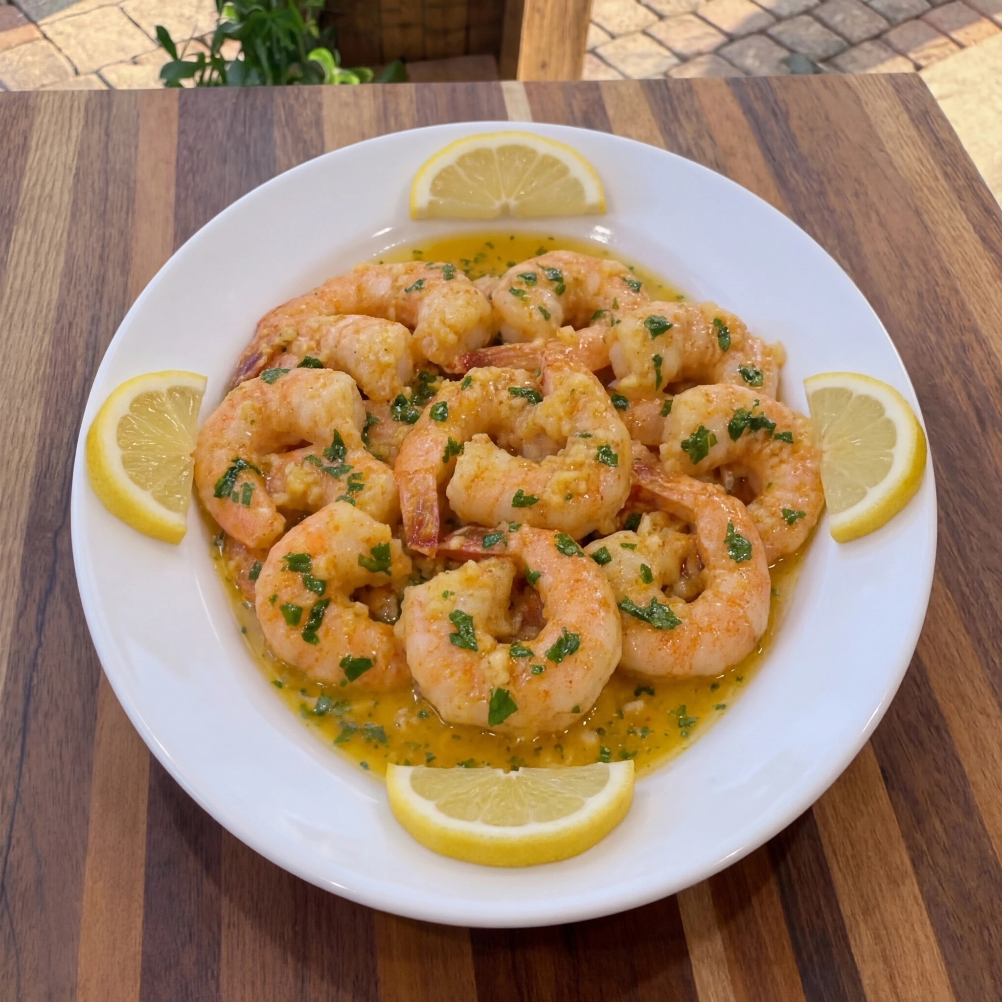 Garlic butter shrimp served with lemon and parsley on a white oval ceramic plate