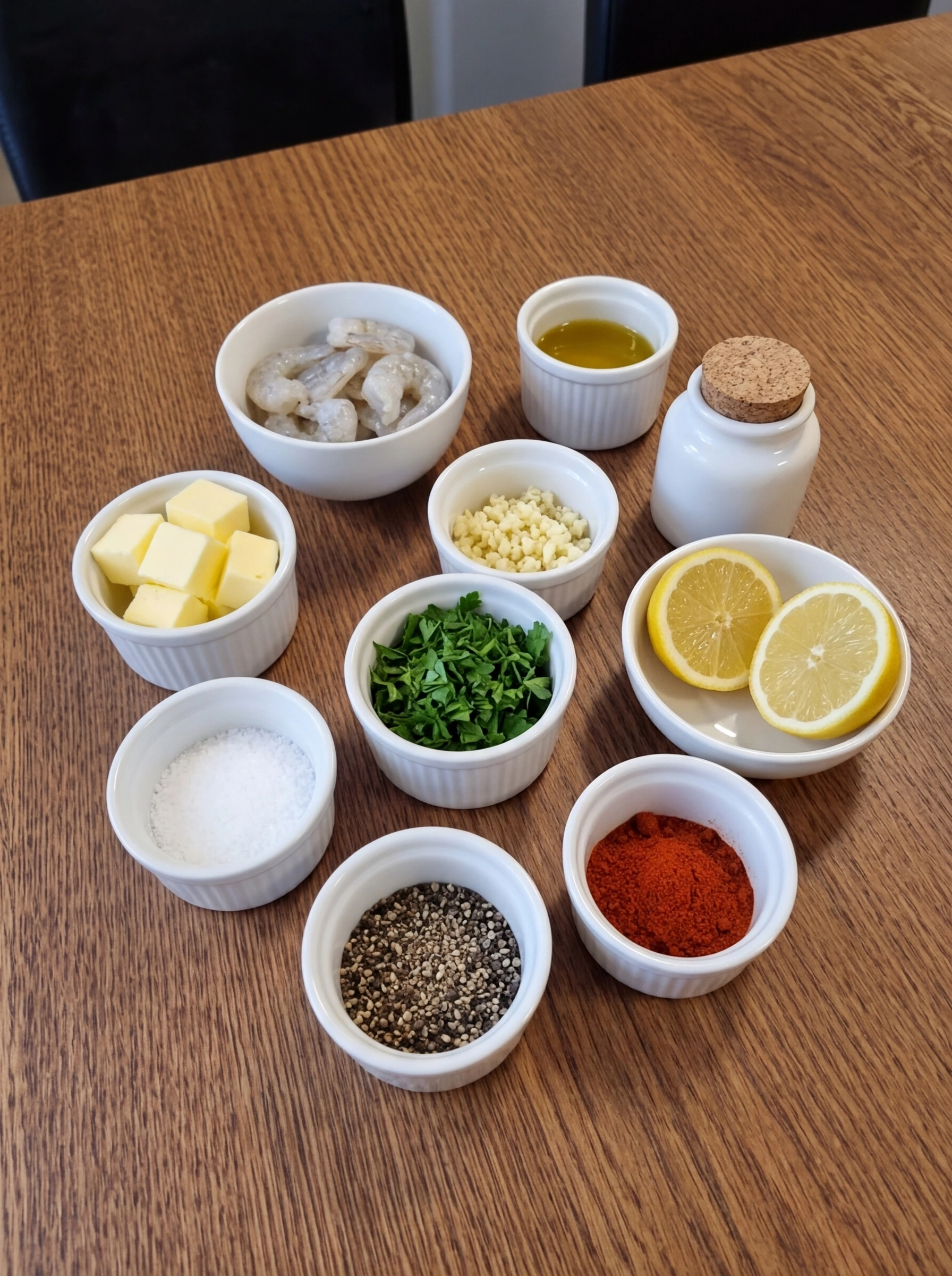 Raw garlic butter shrimp ingredients arranged separately in small white ceramic containers