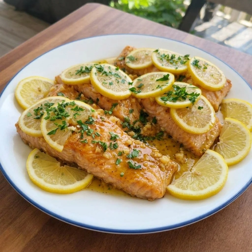 Lemon garlic baked salmon plated with parsley and lemon slices
