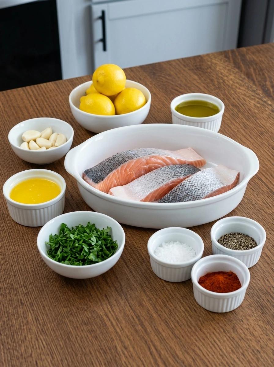 Ingredients for lemon garlic baked salmon in separate containers