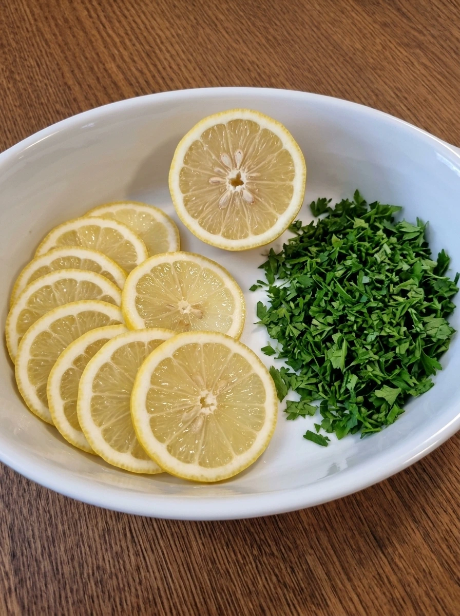 Sliced lemons and chopped parsley for salmon