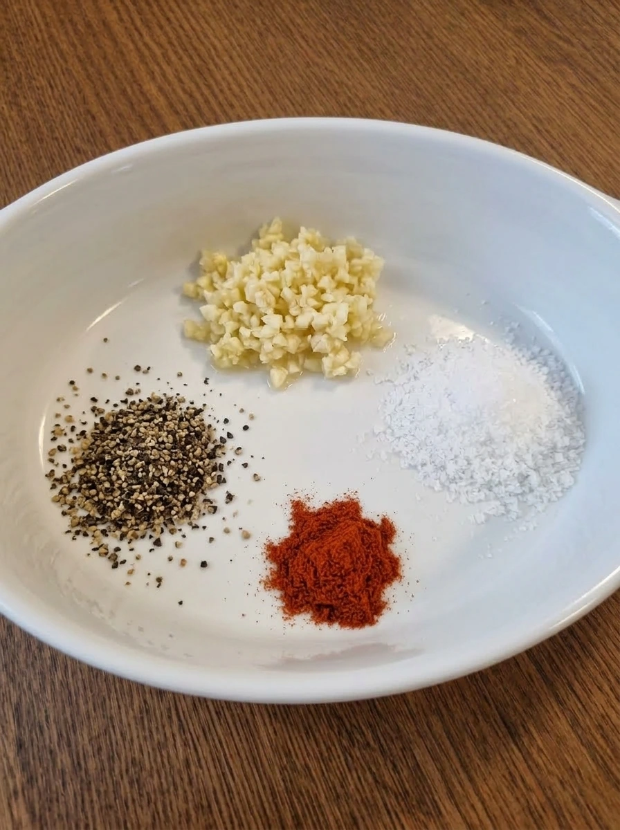 Minced garlic and measured seasonings for salmon