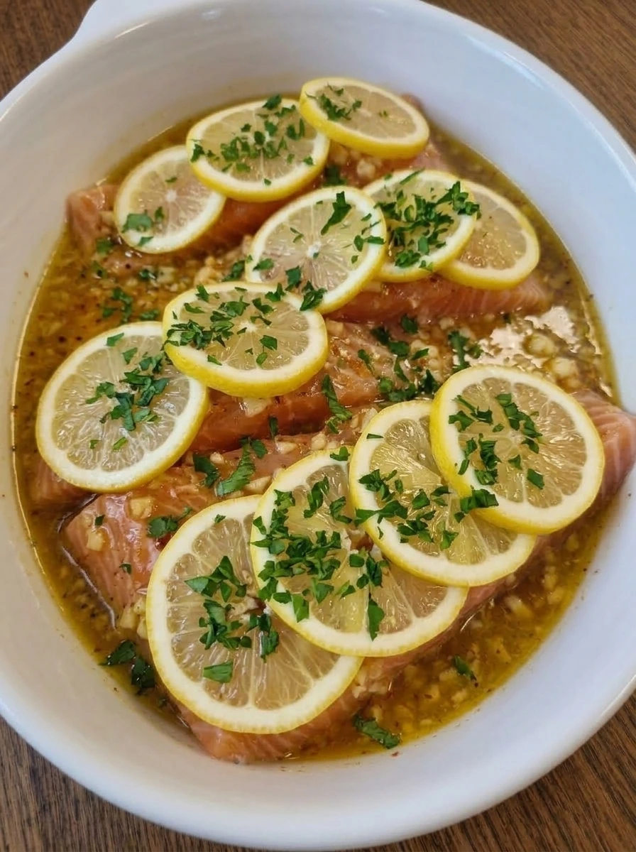 Raw salmon arranged with lemon slices and parsley