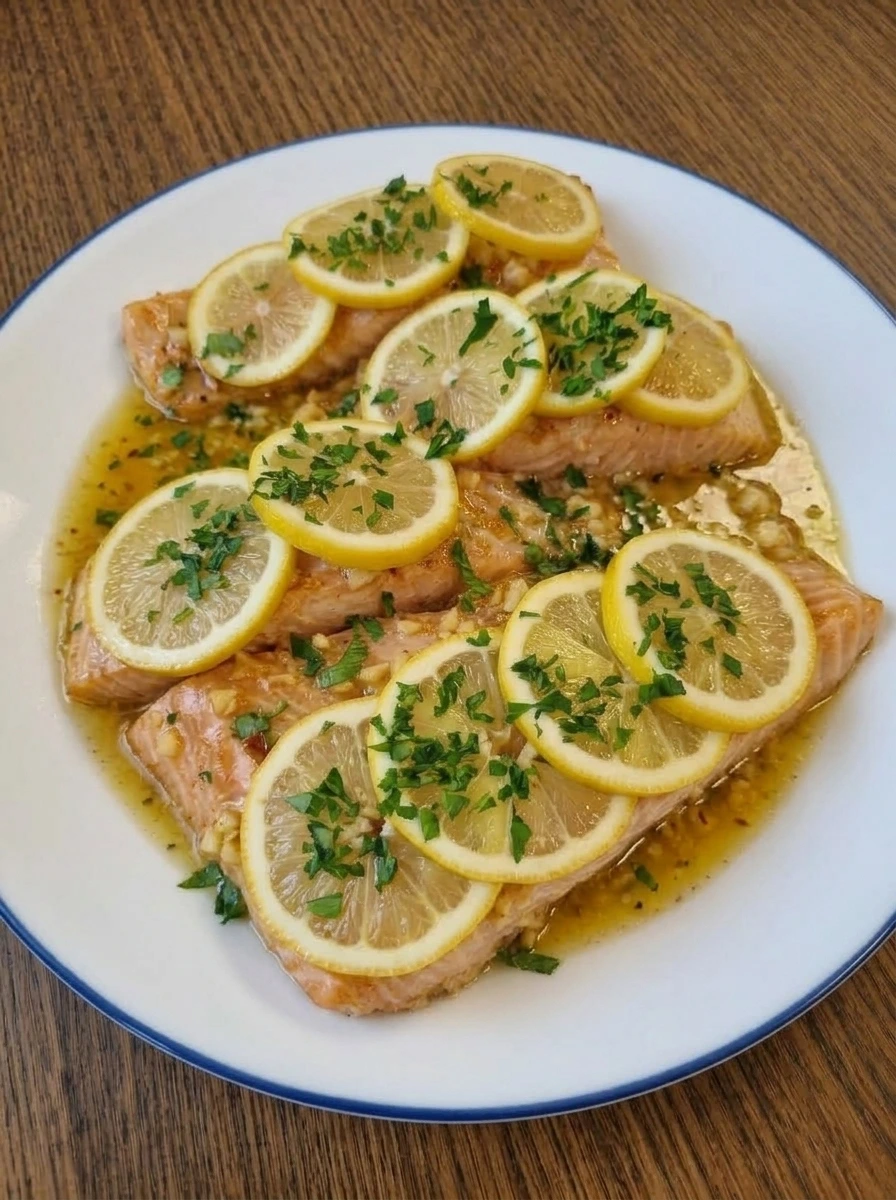Plated cooked lemon garlic baked salmon