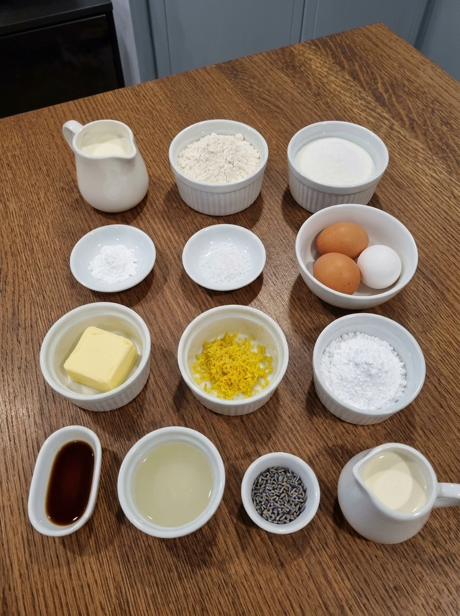 Measured ingredients for mini lemon cakes with lavender glaze in separate white bowls