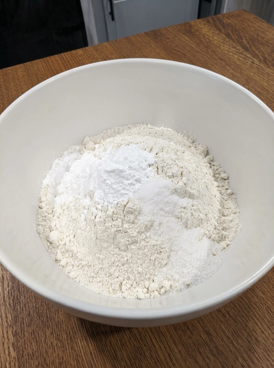 Dry ingredients measured in a white bowl for mini lemon cakes