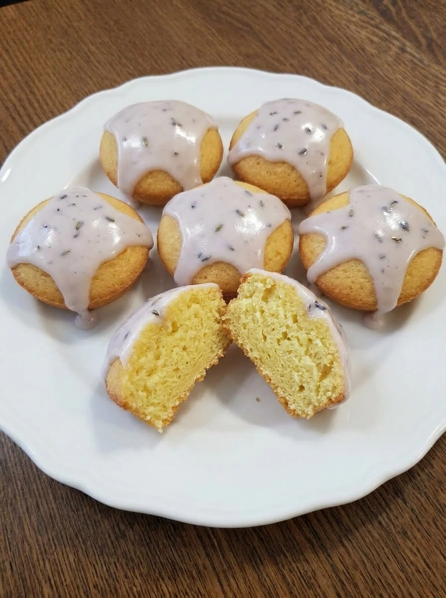 Plated mini lemon cakes with lavender glaze ready to serve