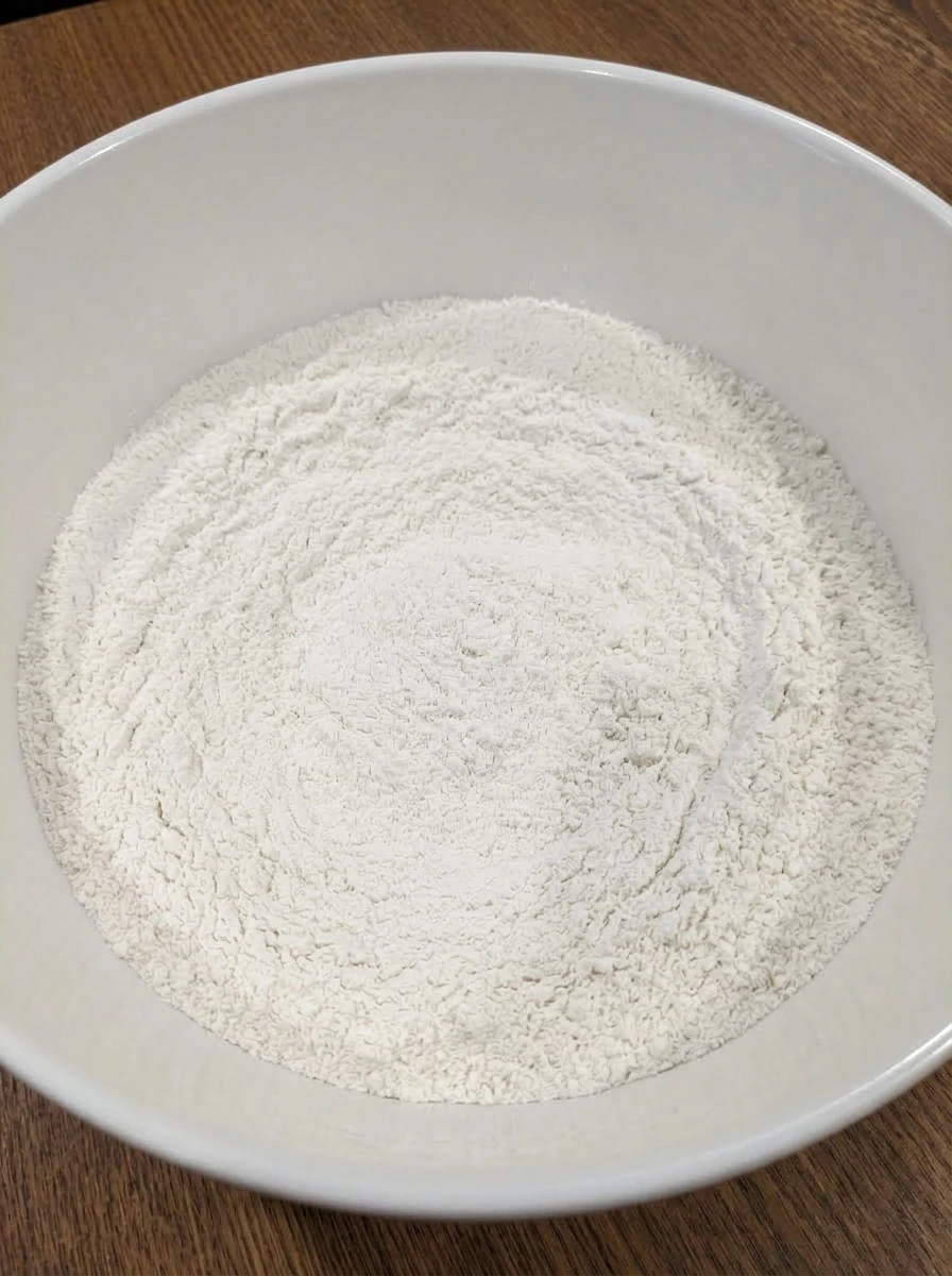Whisked dry ingredients in white bowl for lemon cakes