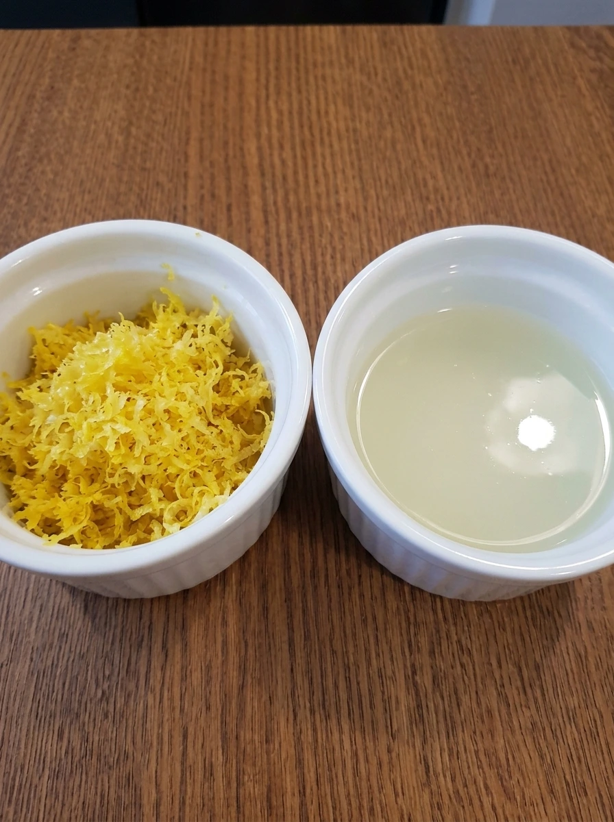 Fresh lemon zest and lemon juice prepared in white ramekins