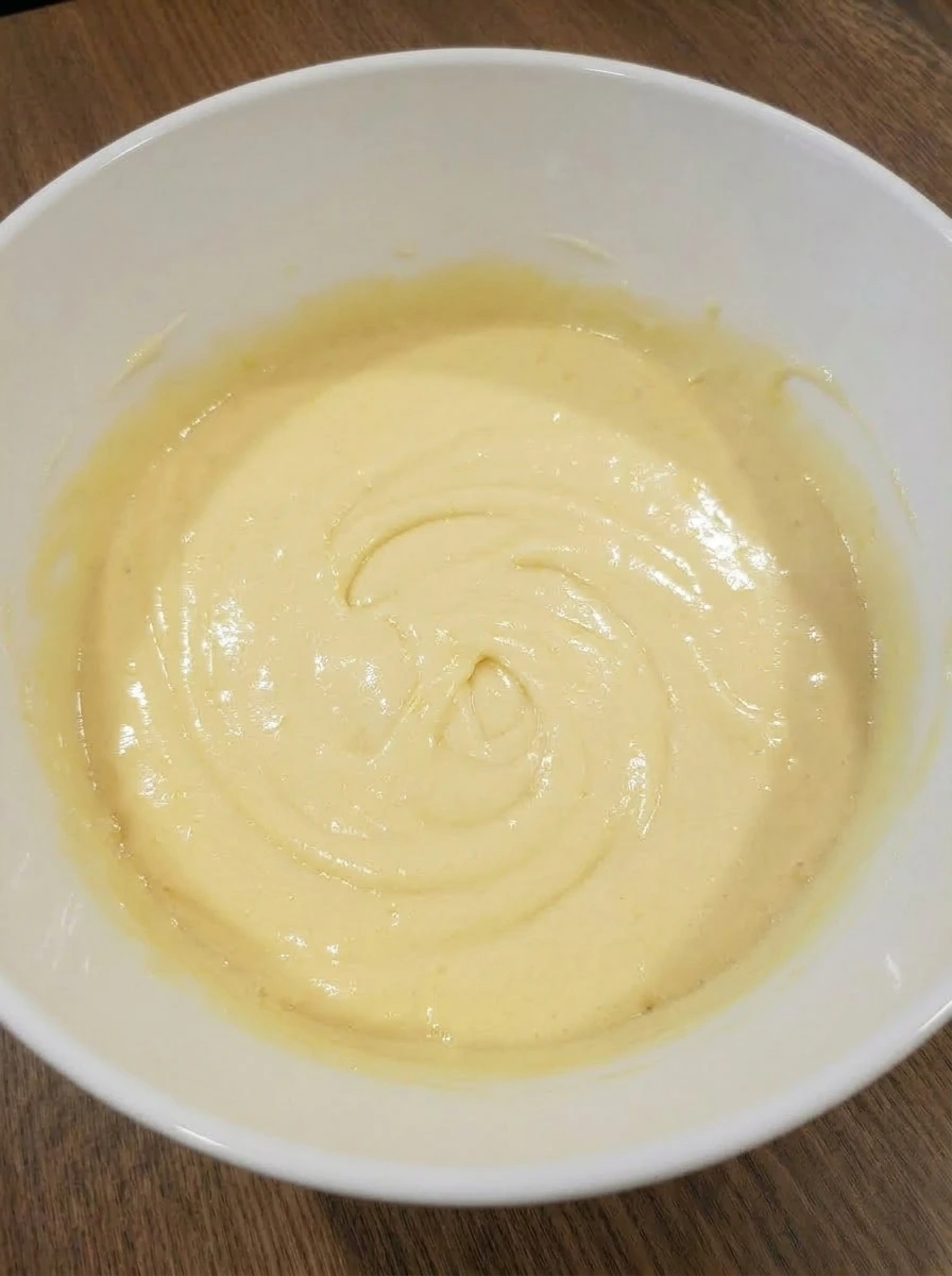 Finished lemon cake batter in white bowl ready for portioning