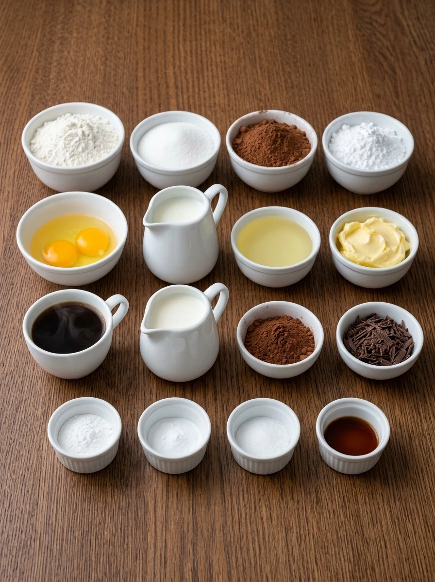 Measured ingredients for moist chocolate cake each placed in separate white ceramic bowls and ramekins