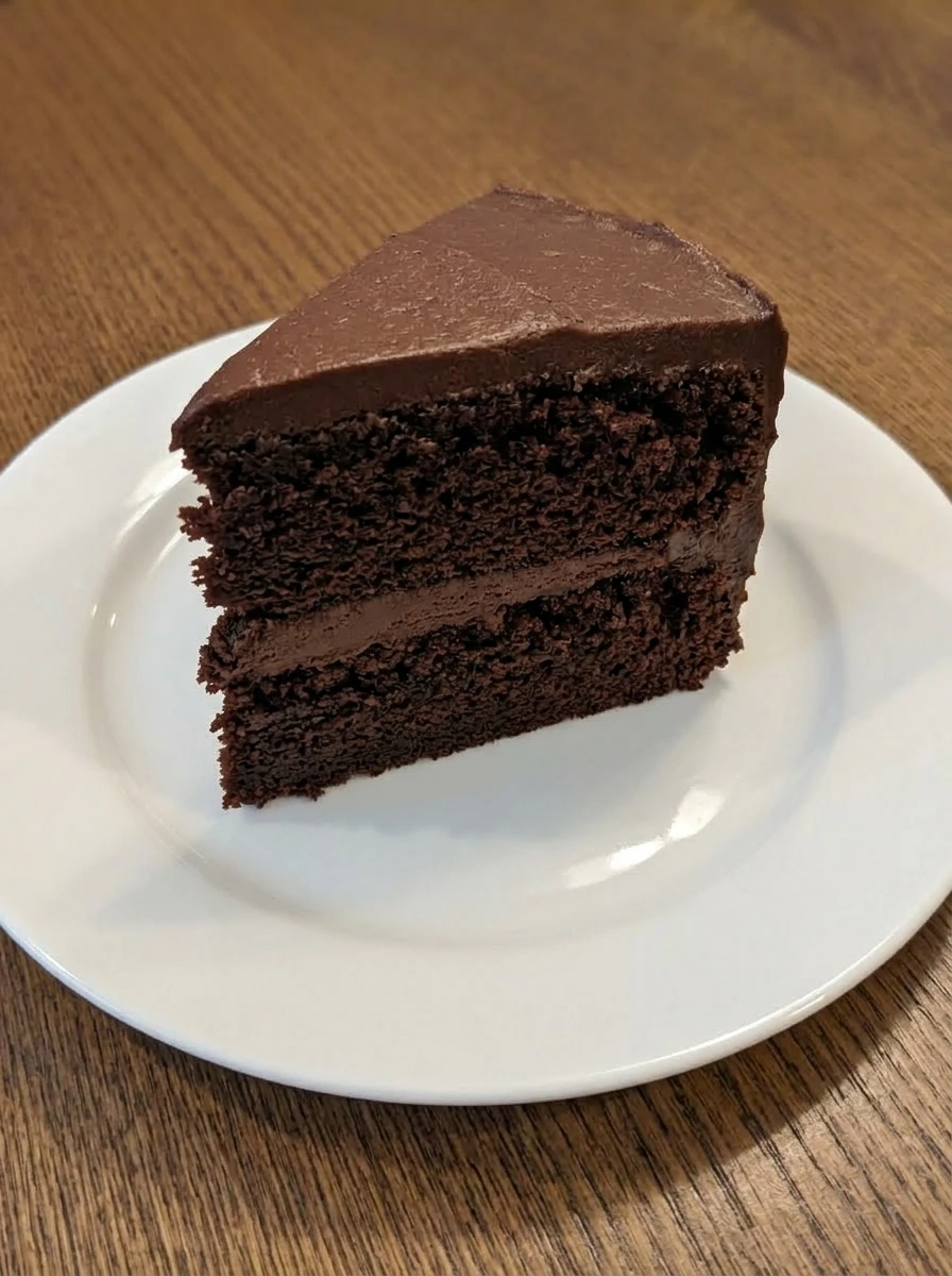 Slice of moist chocolate cake plated on a white ceramic dessert plate
