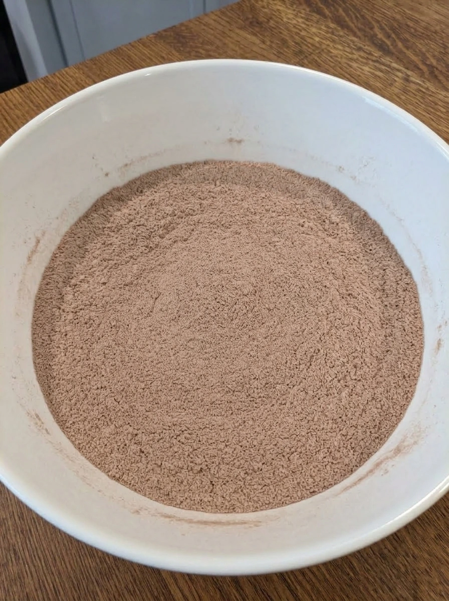 Whisked dry chocolate cake mixture in a white ceramic bowl