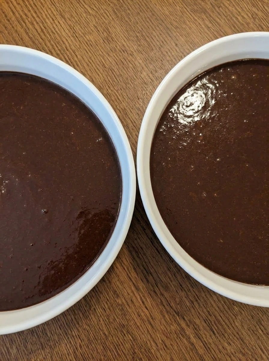 Chocolate cake batter divided into two white ceramic baking dishes