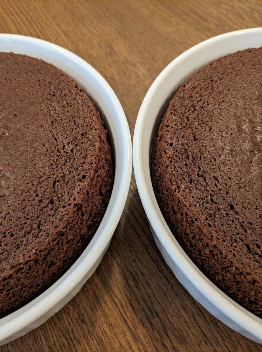 Cooled chocolate cake layers in white ceramic dishes