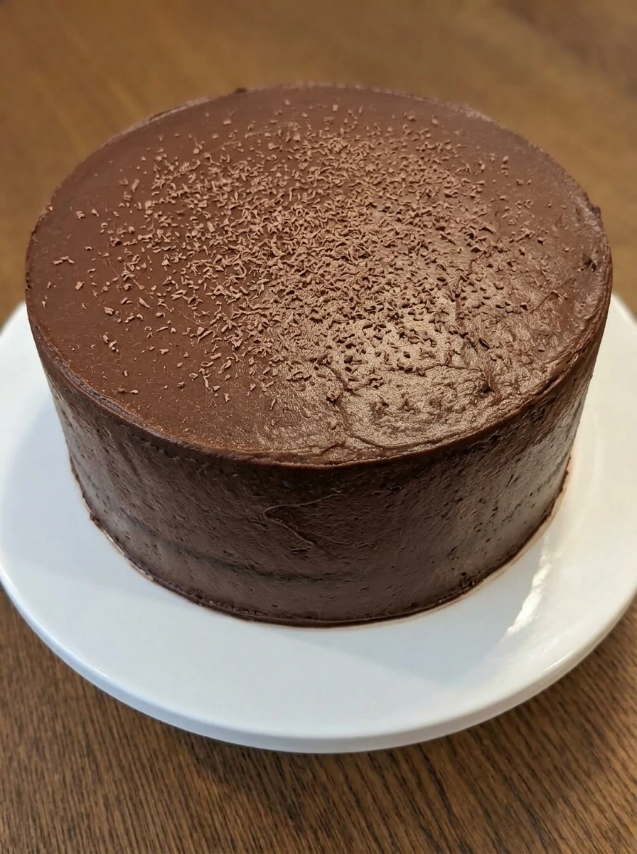 Finished chocolate cake frosted and topped with chocolate shavings