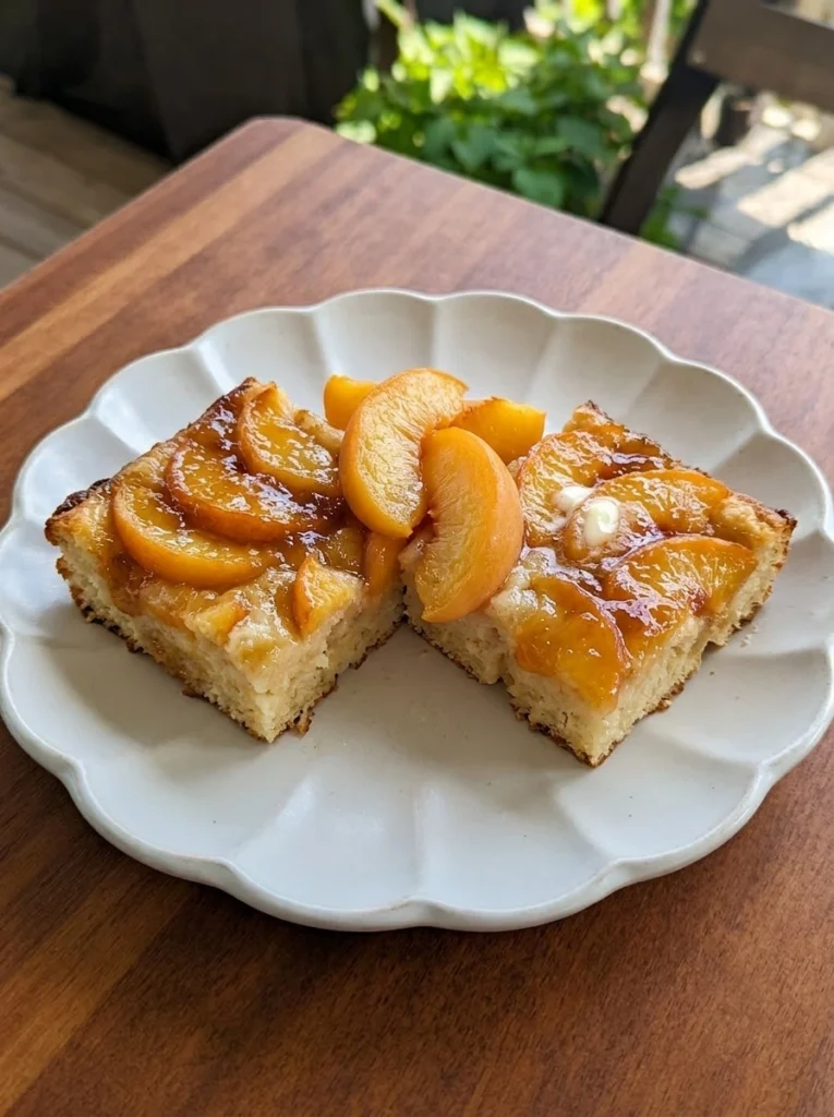 Peach Butter Swim Biscuits served on a white scalloped stoneware dessert plate