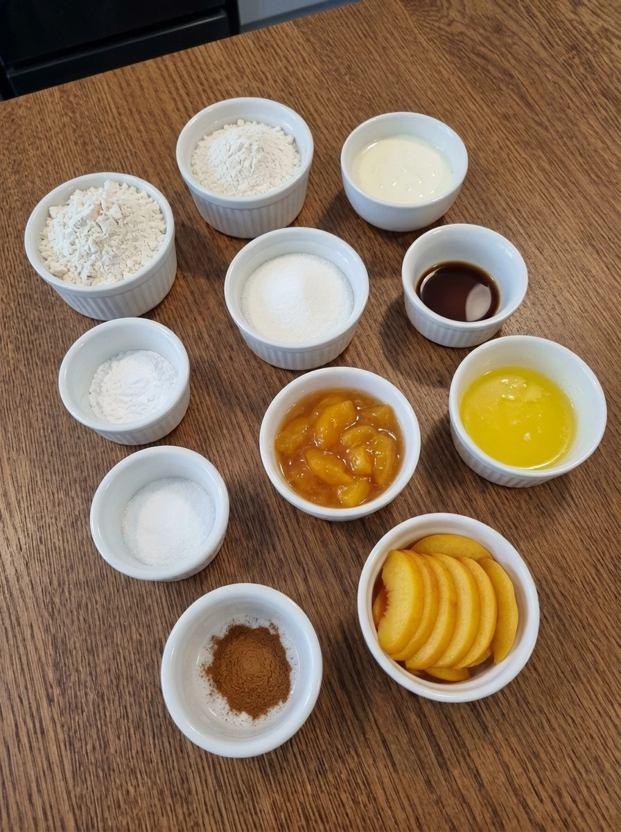 Measured ingredients for Peach Butter Swim Biscuits in separate white ceramic containers