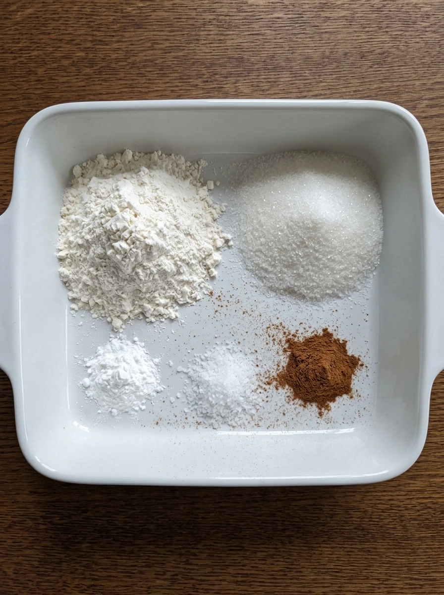 Dry ingredients measured in a white ceramic baking dish for Peach Butter Swim Biscuits
