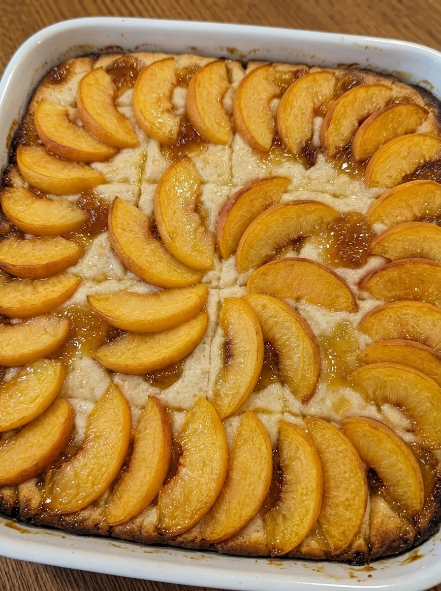 Finished Peach Butter Swim Biscuits in a white ceramic baking dish ready to serve