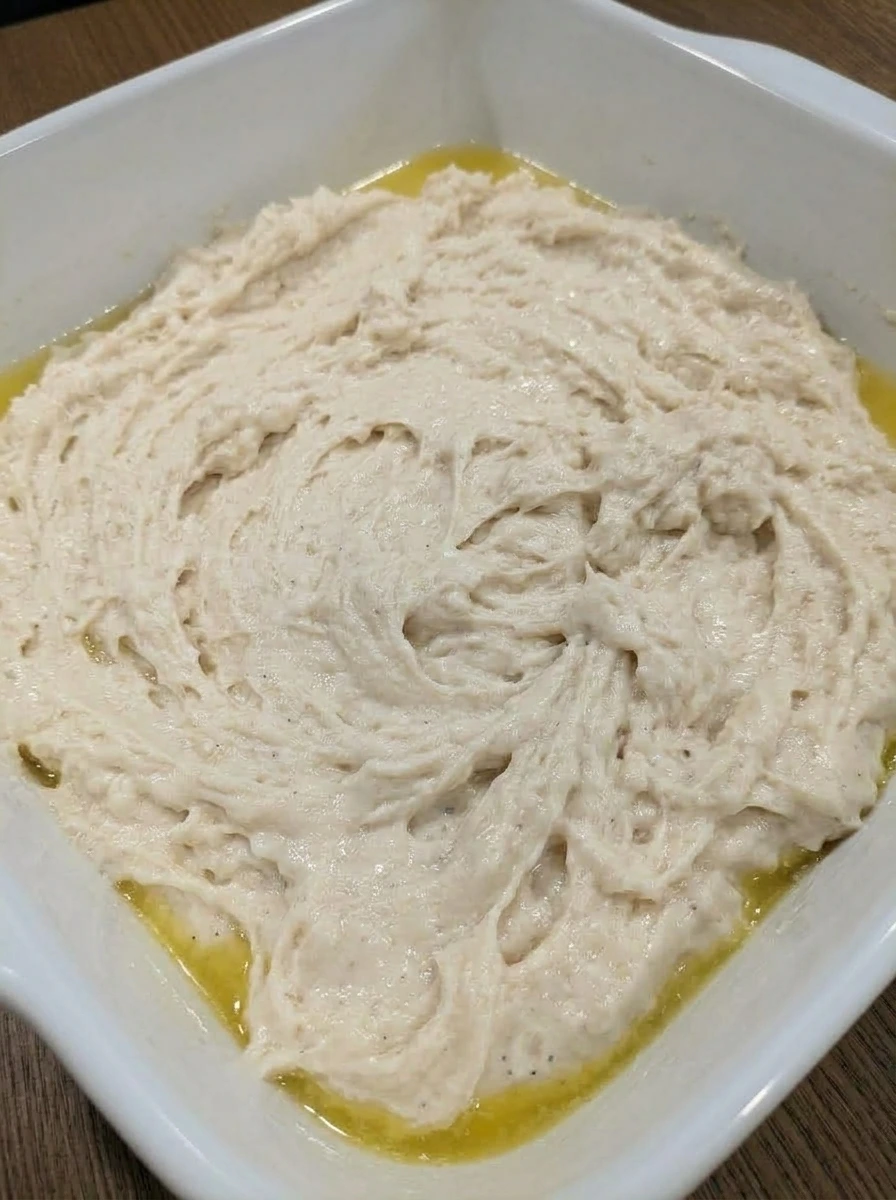 Biscuit dough spread over melted butter in a white ceramic baking dish