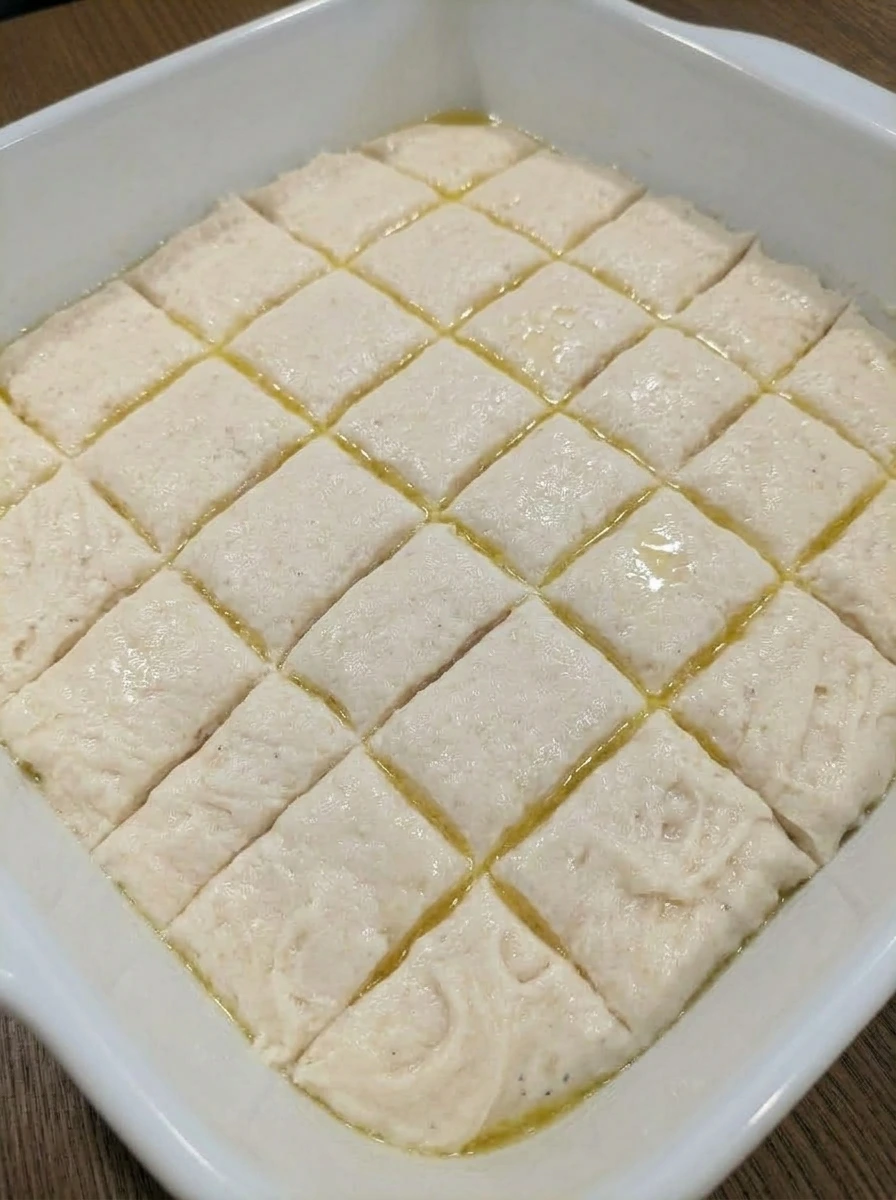 Scored biscuit dough in a white ceramic baking dish