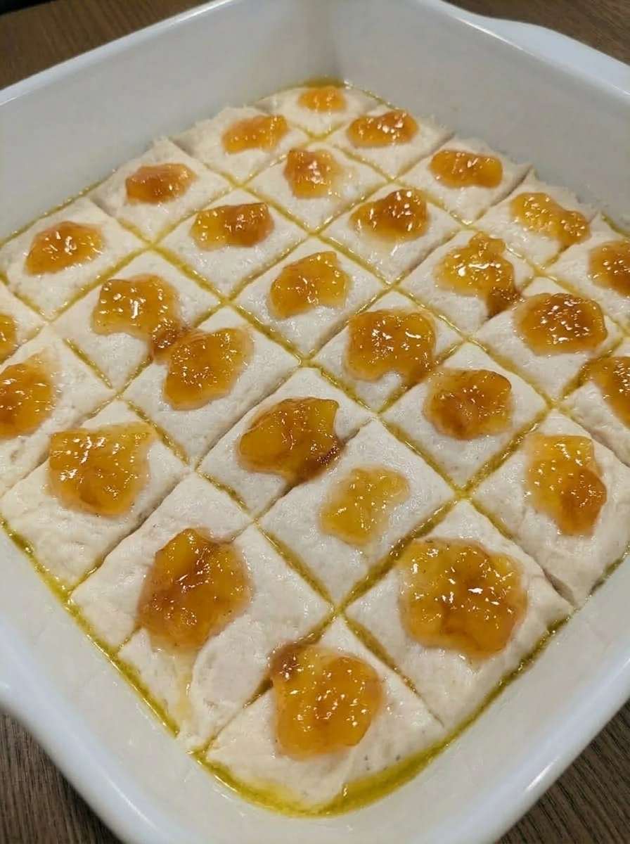 Peach preserves spooned over biscuit dough in a white ceramic baking dish
