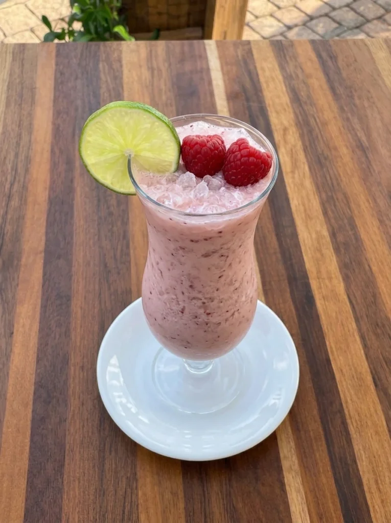 Finished Raspberry Colada in a clear hurricane glass with raspberries and lime