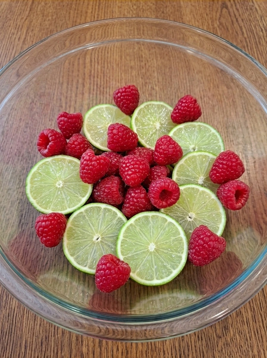 Fresh raspberries and sliced lime prepared for Raspberry Colada
