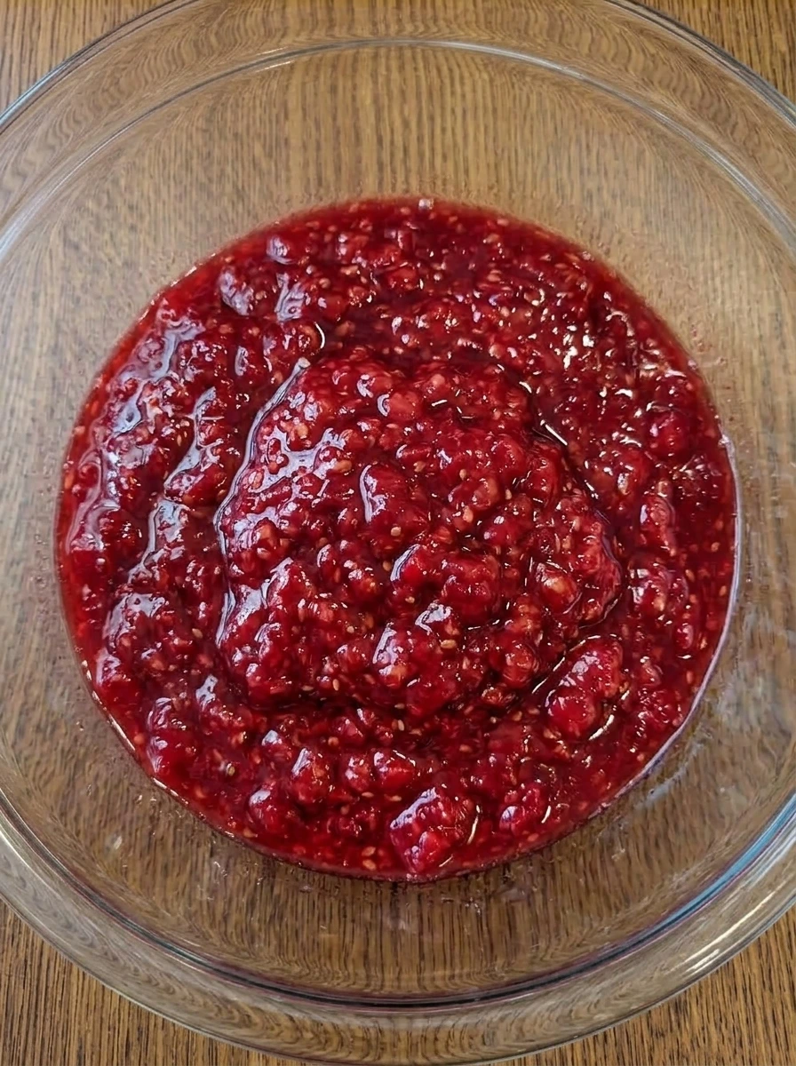 Fresh raspberries mashed into a juicy mixture for Raspberry Colada