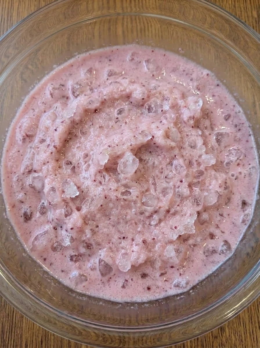 Crushed ice stirred into Raspberry Colada until frosty