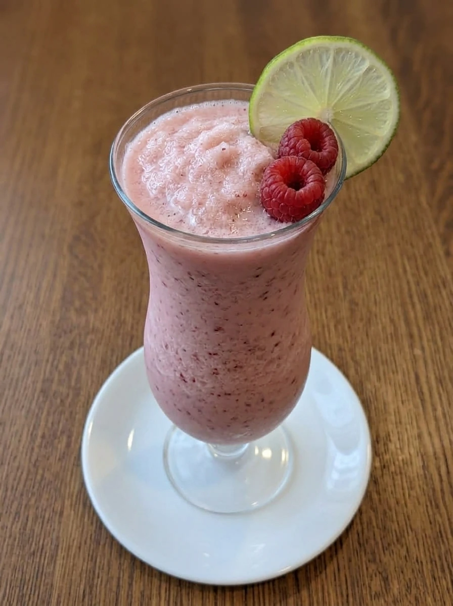Finished Raspberry Colada poured into a serving glass and garnished