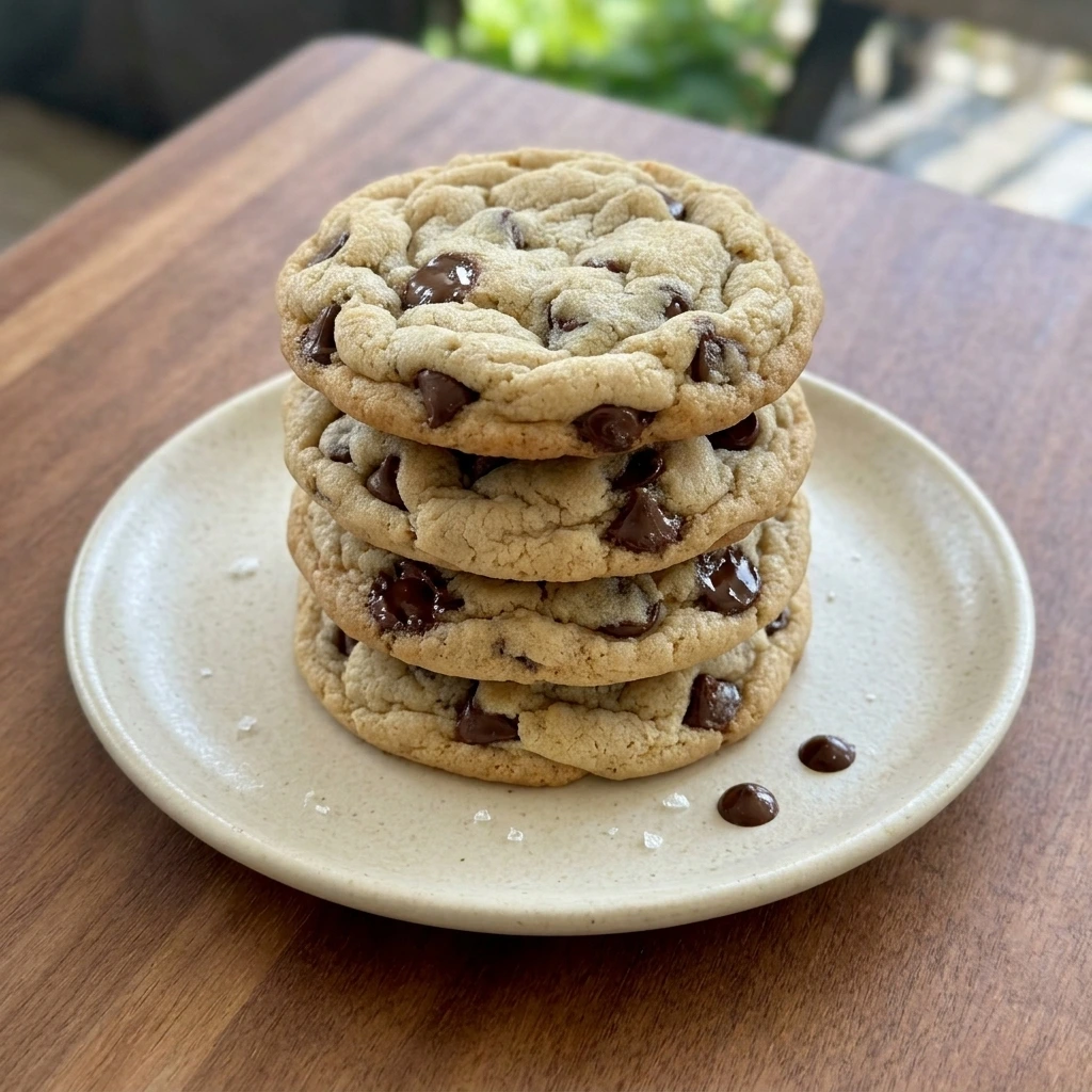 Soft chocolate chip cookies stacked on a white dessert plate