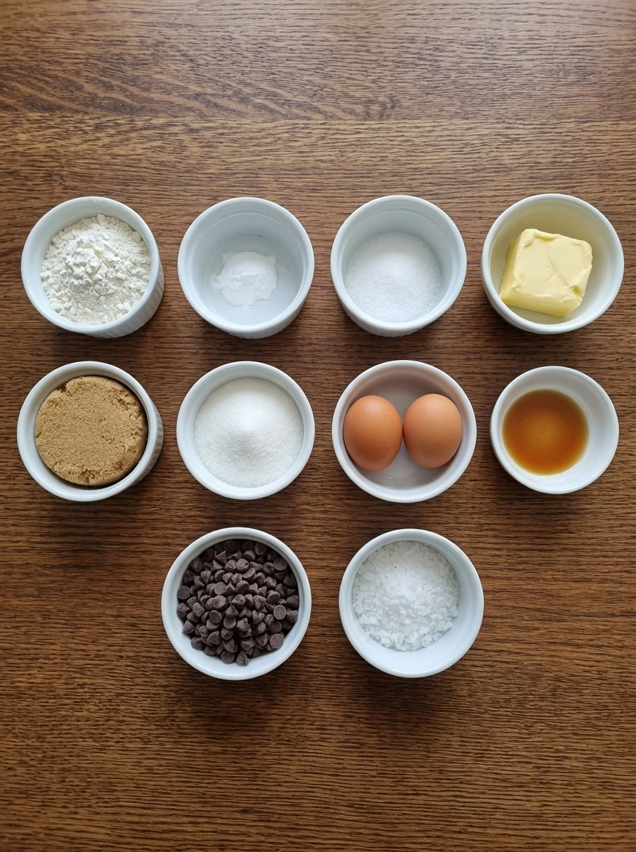 Measured ingredients for soft chocolate chip cookies in separate white ramekins