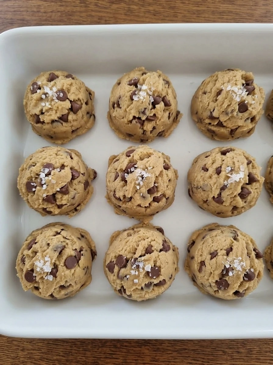 Scooped cookie dough portions arranged in a white ceramic dish