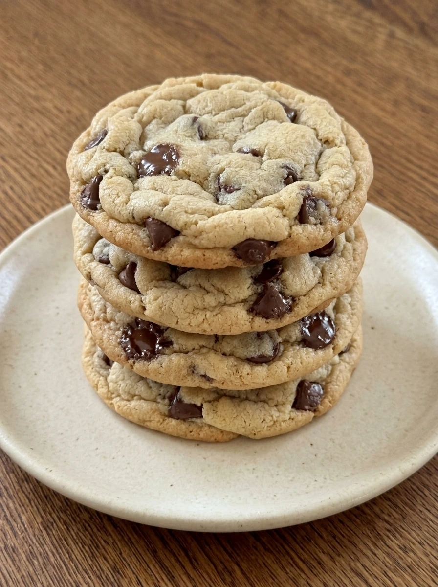 Finished soft chocolate chip cookies plated and ready to serve