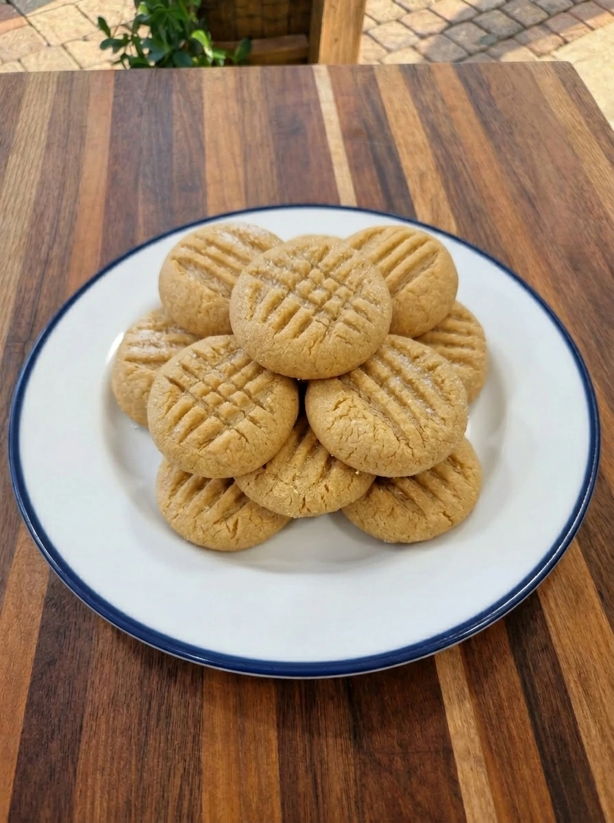 Soft peanut butter cookies stacked on a white ceramic plate