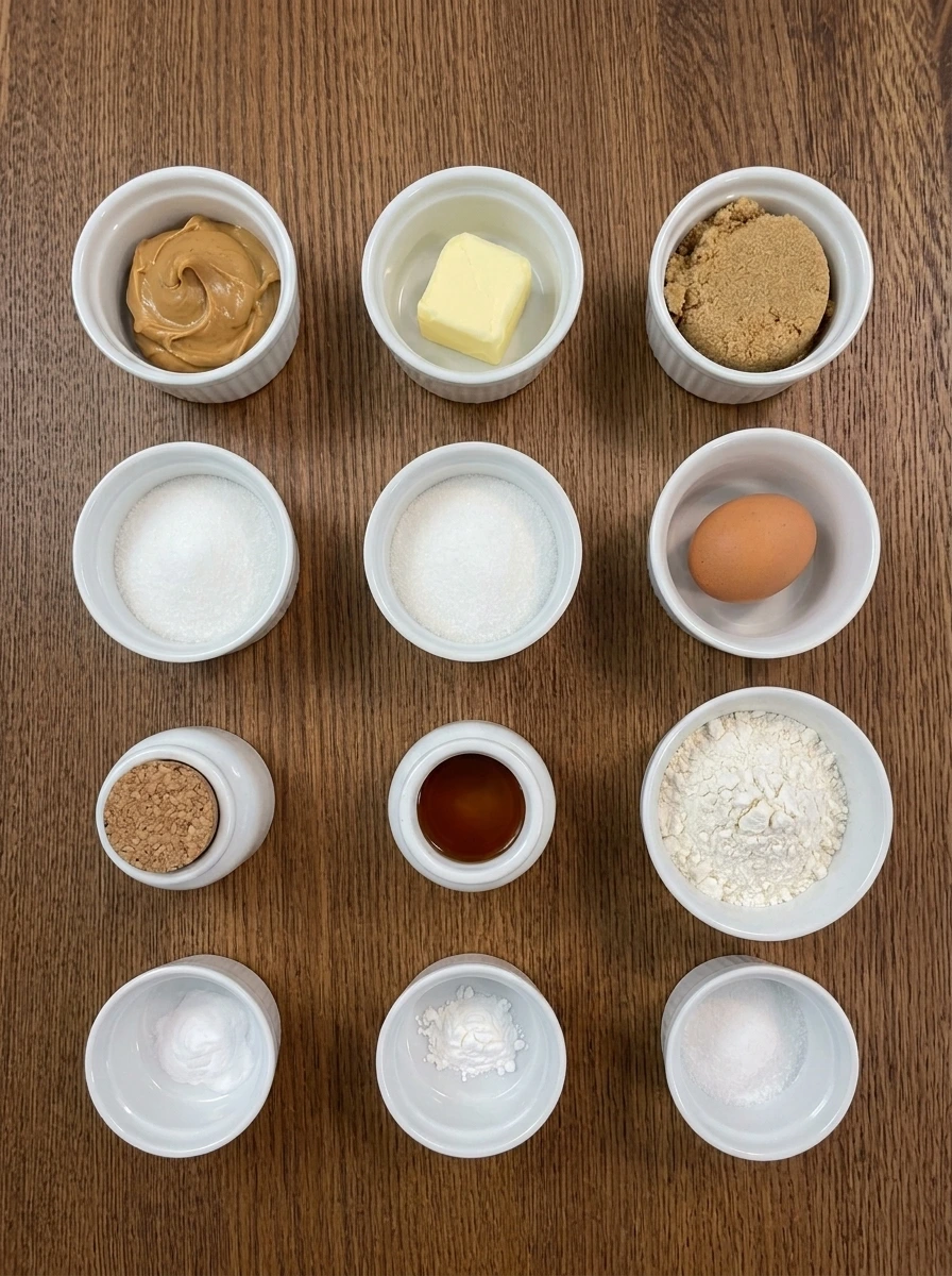 Measured ingredients for soft peanut butter cookies in separate white bowls
