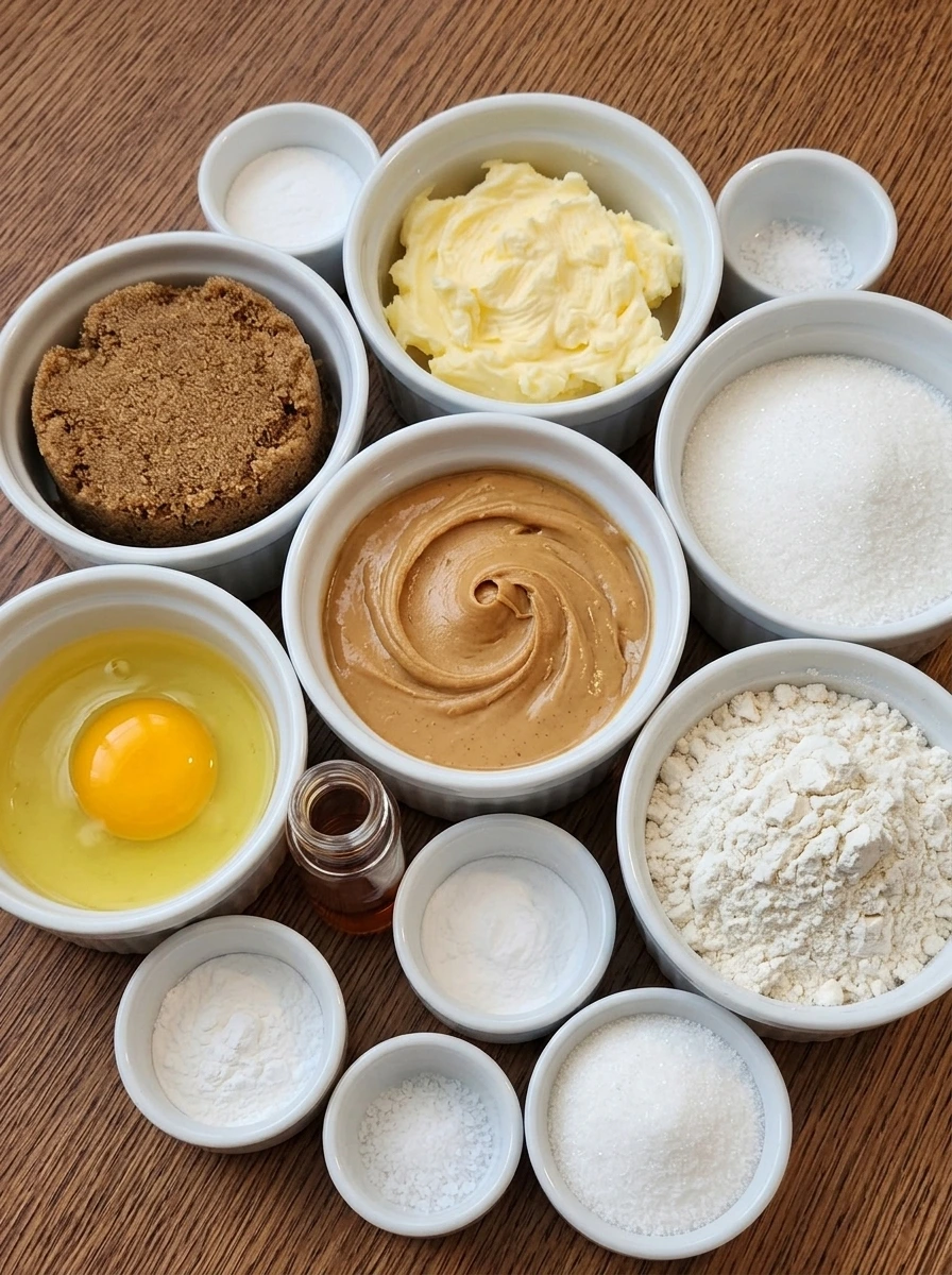 Measured ingredients for peanut butter cookies in separate white containers
