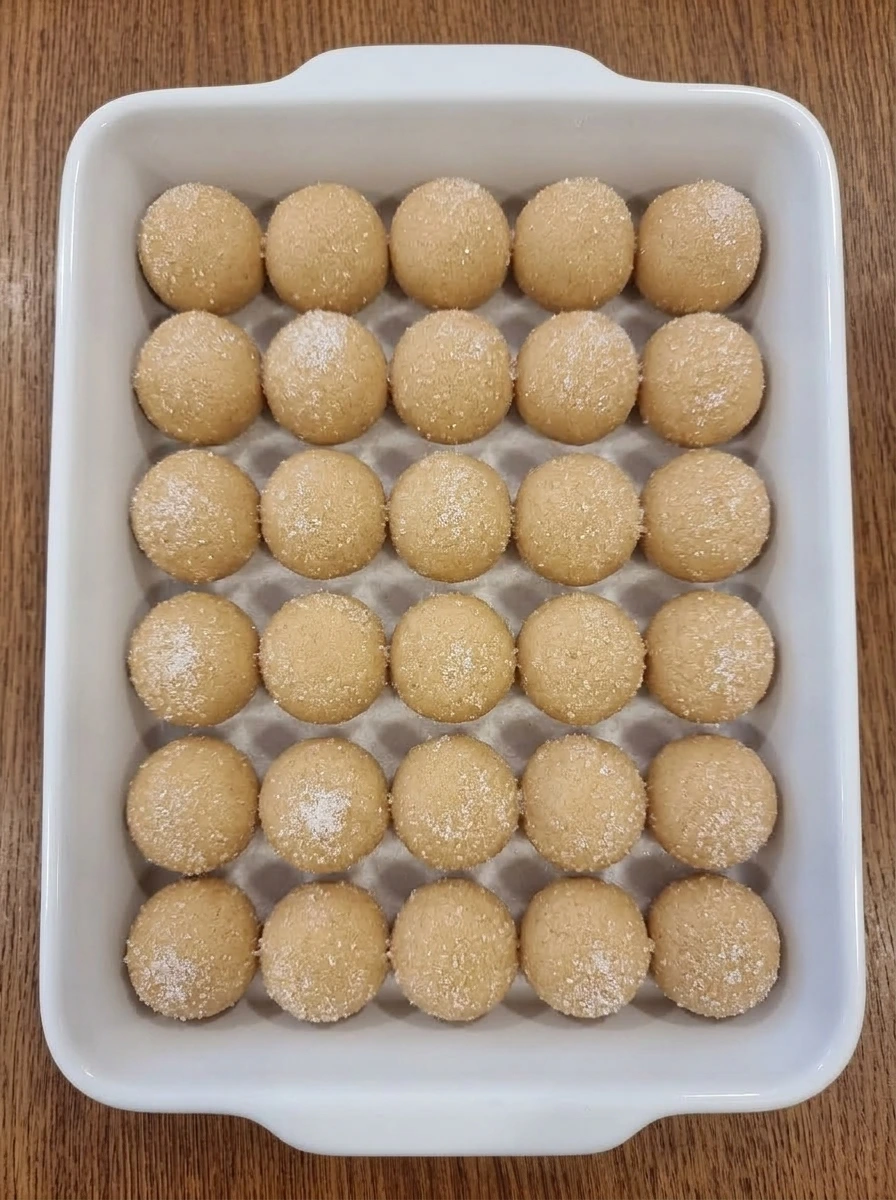 Sugar coated peanut butter cookie dough balls on a white tray