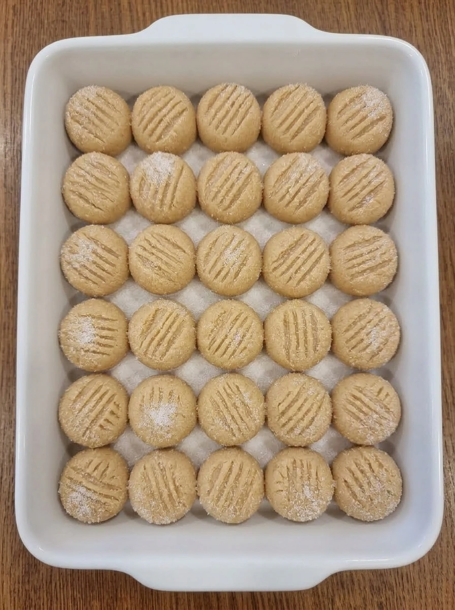 Raw peanut butter cookies shaped with fork marks